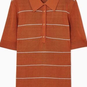 COS Striped Knitted Polo Shirt – Rust / Burnt Orange – Size S